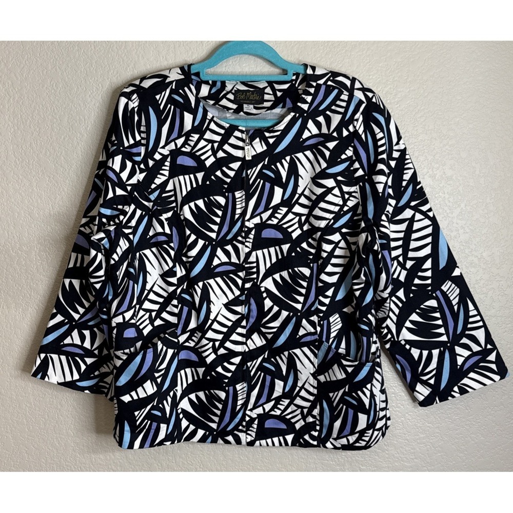 Bob Mackie XL Wearable Art Colorful Geometric 3/4 Sleeves Full Zip Jacket Artsy